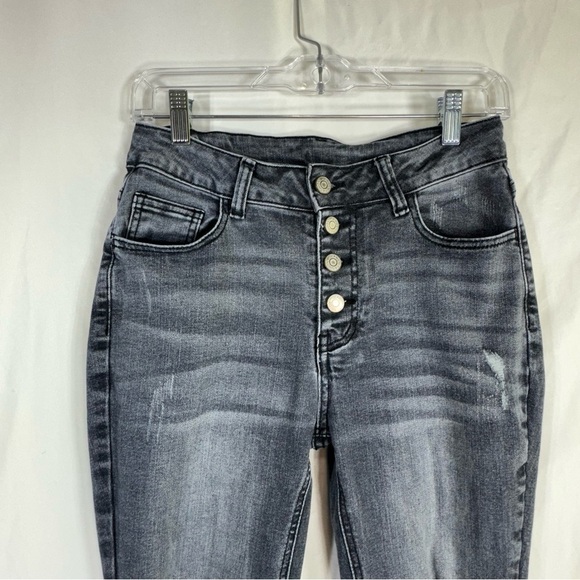 Women’s Retro High Rise Button-Fly Slim Leg Flare Distressed Faded Black Jeans - Picture 3 of 8